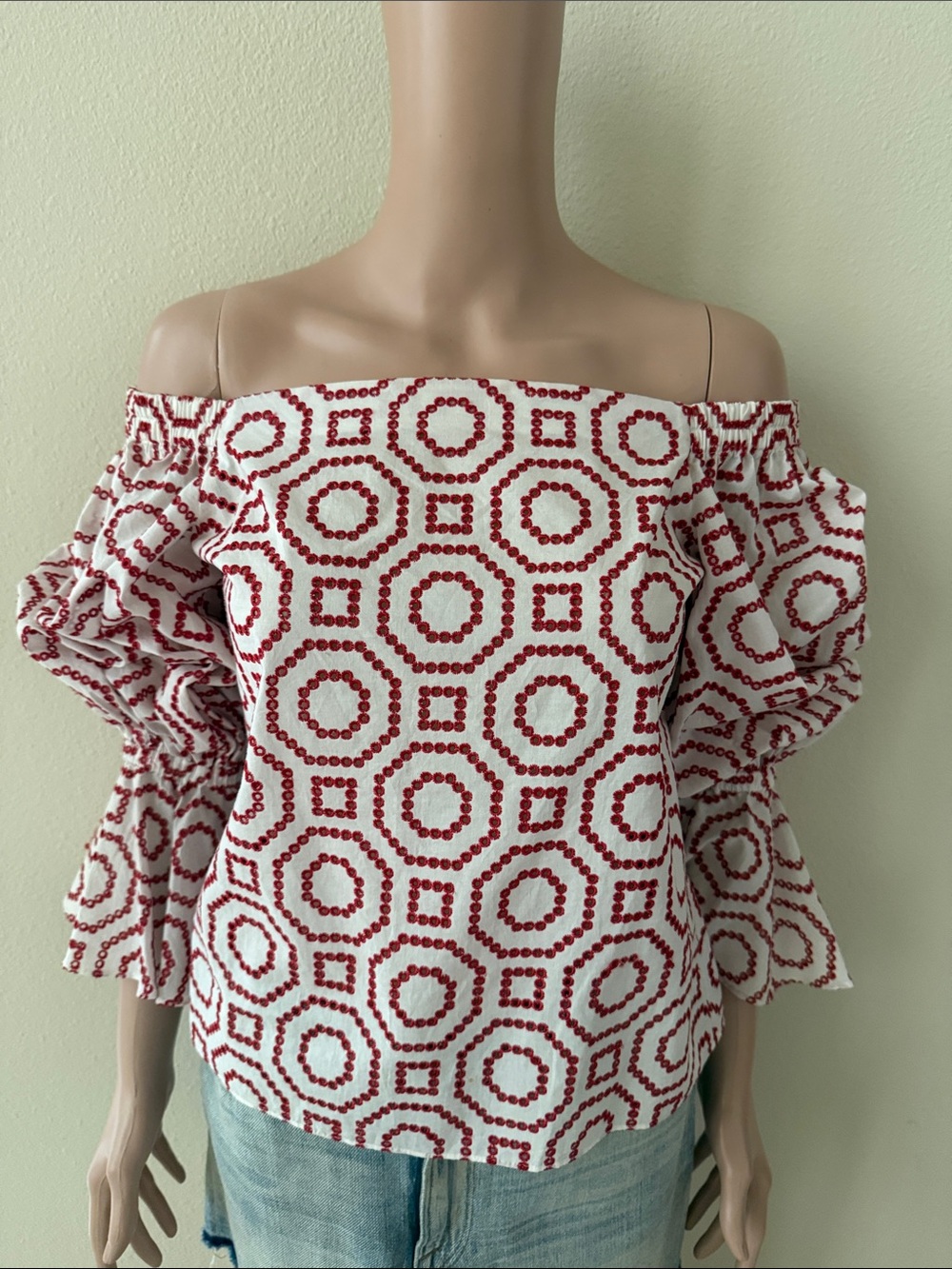 Red & White Off-Shoulder Printed Women's Blouse